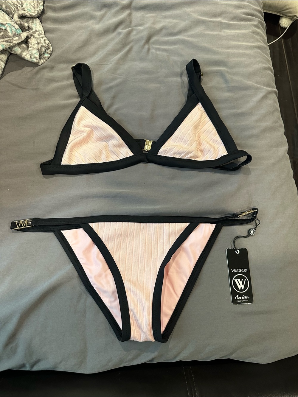 Wildfox Pink Ribbed Triangle Bikini with Black Trim Accents